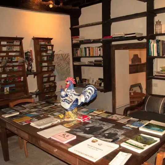 Bibliotheek met boekenkasten en een lange tafel vol kaarten en brochures over de streek